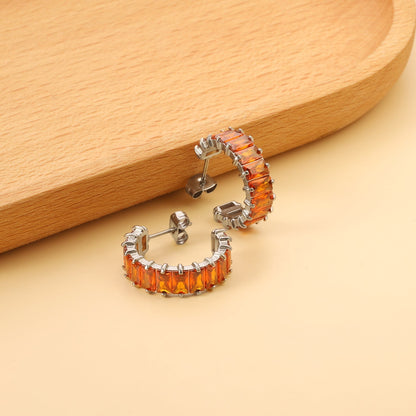 Waterproof 304L Steel 6.8x21mm Amber Yellow Baguette CZ C-Hoops Bulk Earrings