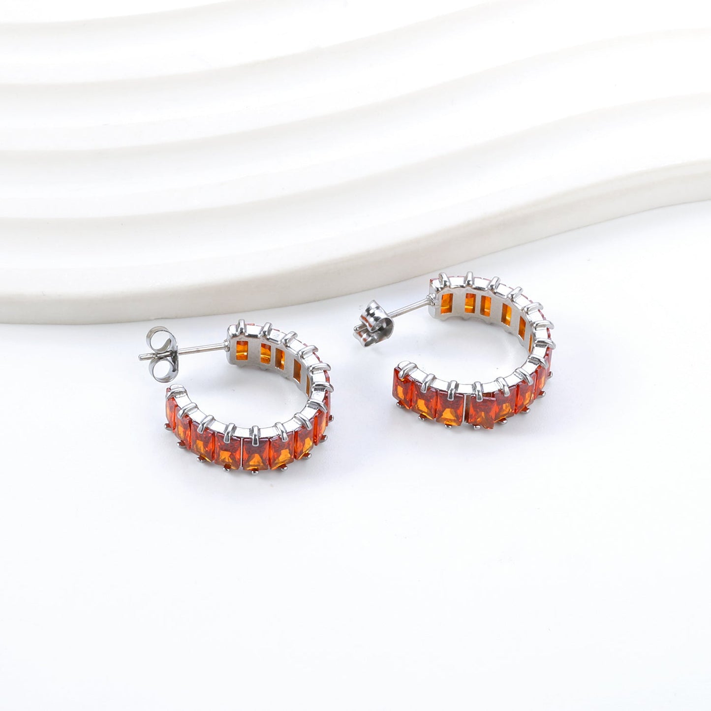 Waterproof 304L Steel 6.8x21mm Amber Yellow Baguette CZ C-Hoops Bulk Earrings