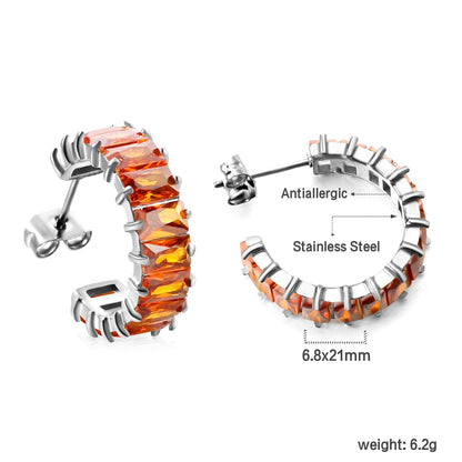Waterproof 304L Steel 6.8x21mm Amber Yellow Baguette CZ C-Hoops Bulk Earrings