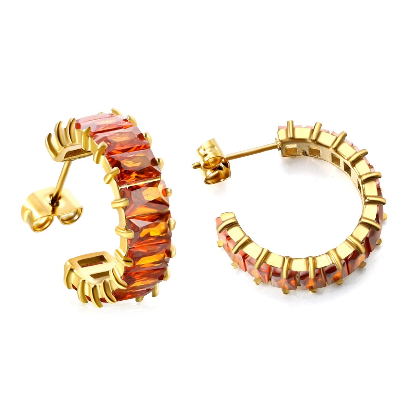 Waterproof 304L Steel 6.8x21mm Amber Yellow Baguette CZ C-Hoops Bulk Earrings