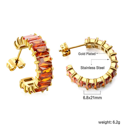 Waterproof 304L Steel 6.8x21mm Amber Yellow Baguette CZ C-Hoops Bulk Earrings