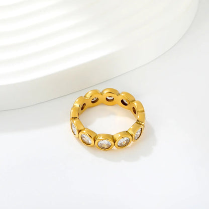 Non-Tarnish 304L Stainless Steel Full Pave Oval Zircon Band Ring