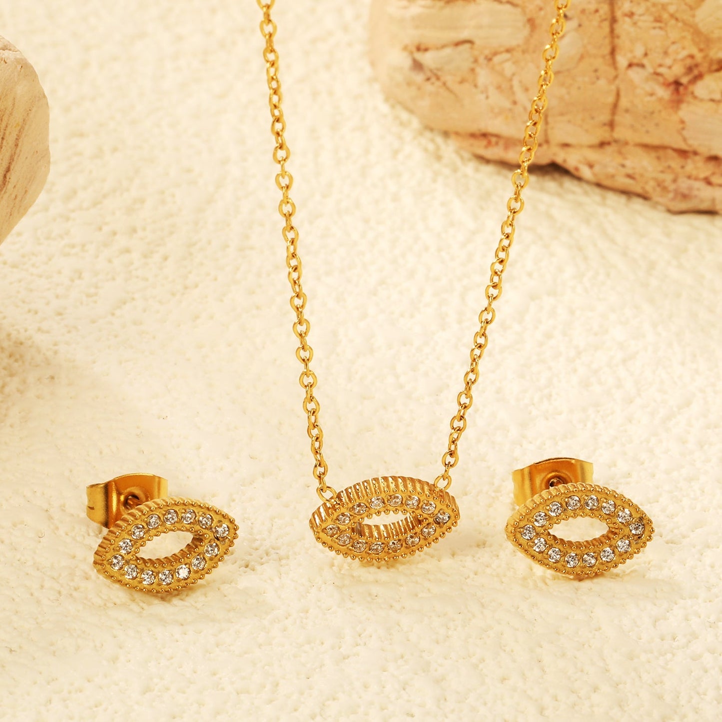 Pave CZ Pig Nose Pendant Cable Chain Necklace and Earrings Set