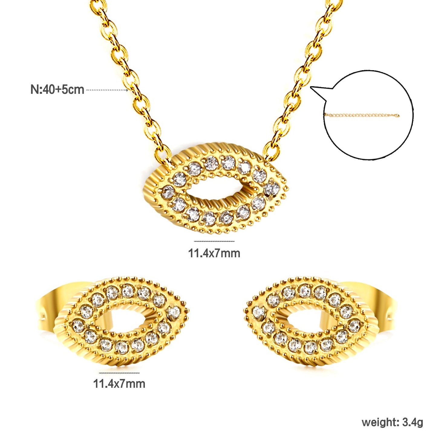 Pave CZ Pig Nose Pendant Cable Chain Necklace and Earrings Set