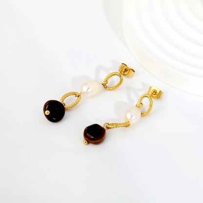 Vintage Twisted Rope Chain Pearl Tiger Eye Drop Stud Earrings
