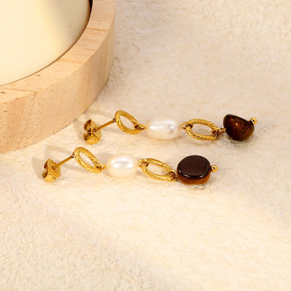Vintage Twisted Rope Chain Pearl Tiger Eye Drop Stud Earrings