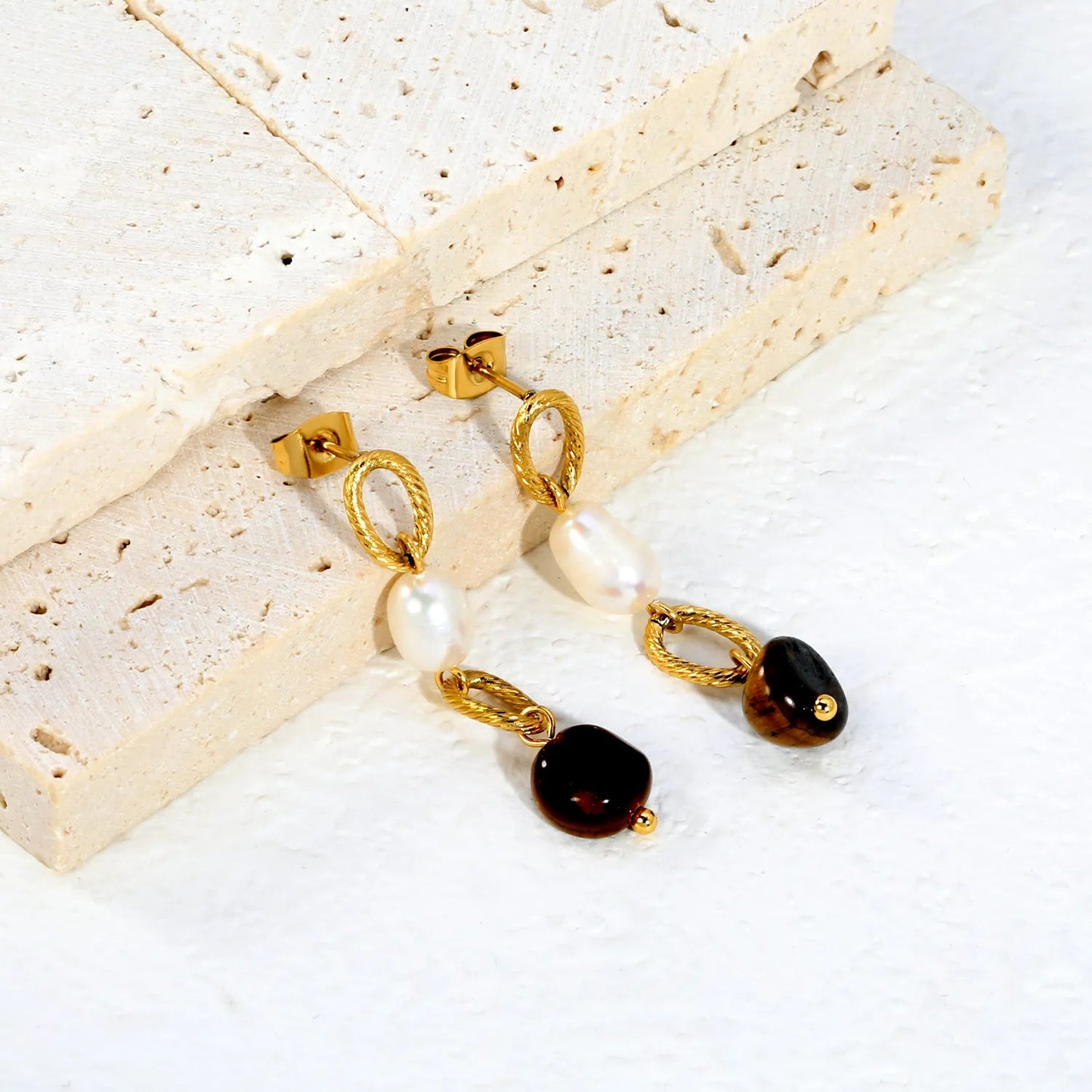 Vintage Twisted Rope Chain Pearl Tiger Eye Drop Stud Earrings