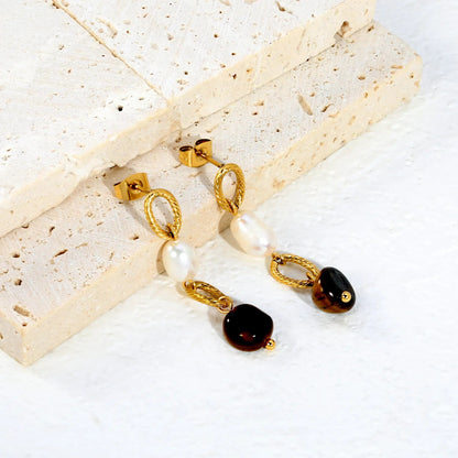 Vintage Twisted Rope Chain Pearl Tiger Eye Drop Stud Earrings