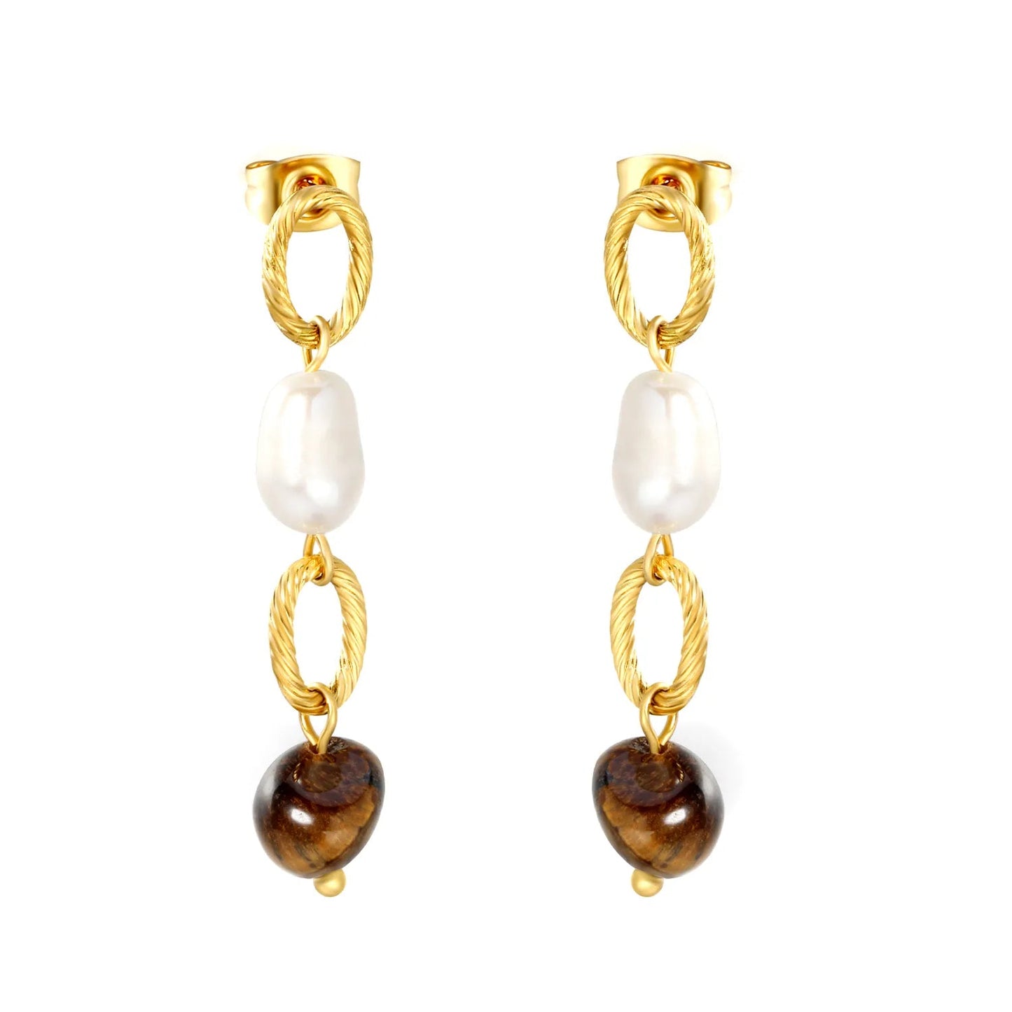 Vintage Twisted Rope Chain Pearl Tiger Eye Drop Stud Earrings