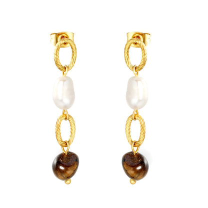 Vintage Twisted Rope Chain Pearl Tiger Eye Drop Stud Earrings