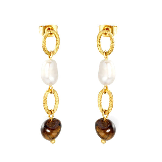Vintage Twisted Rope Chain Pearl Tiger Eye Drop Stud Earrings