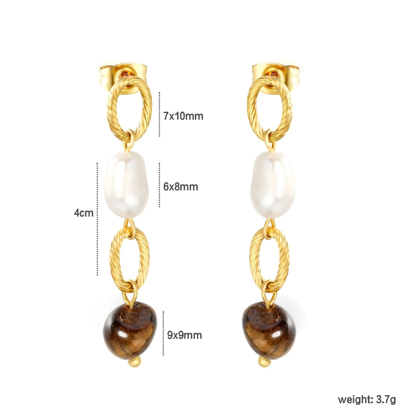 Vintage Twisted Rope Chain Pearl Tiger Eye Drop Stud Earrings