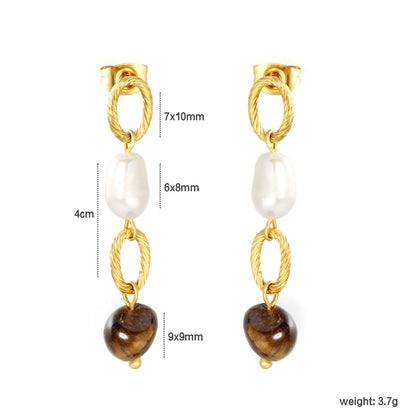 Vintage Twisted Rope Chain Pearl Tiger Eye Drop Stud Earrings