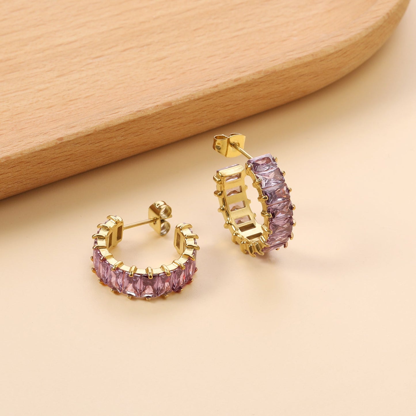 Bulk Buy 304L Steel Pink Violet Gradient Baguette Stud Earrings Factory