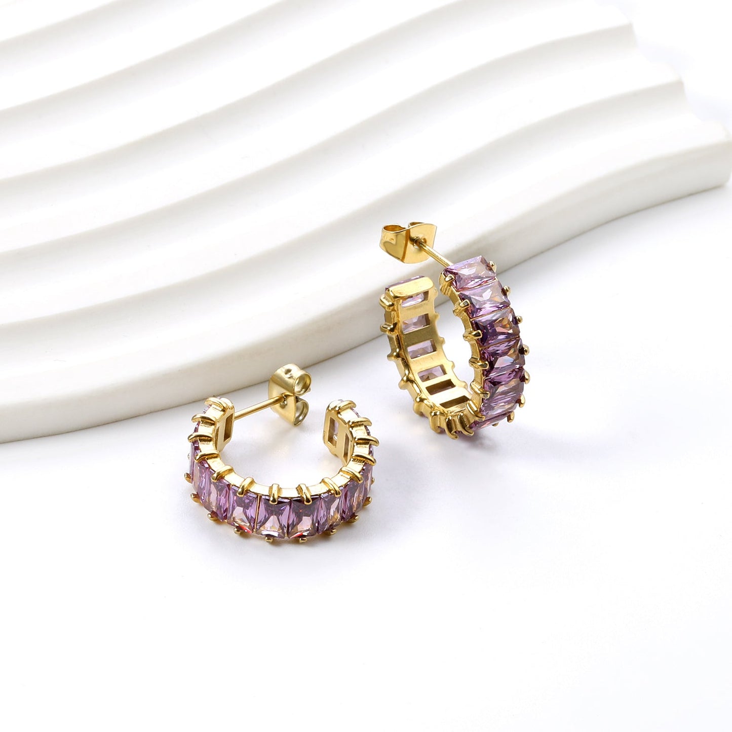 Bulk Buy 304L Steel Pink Violet Gradient Baguette Stud Earrings Factory