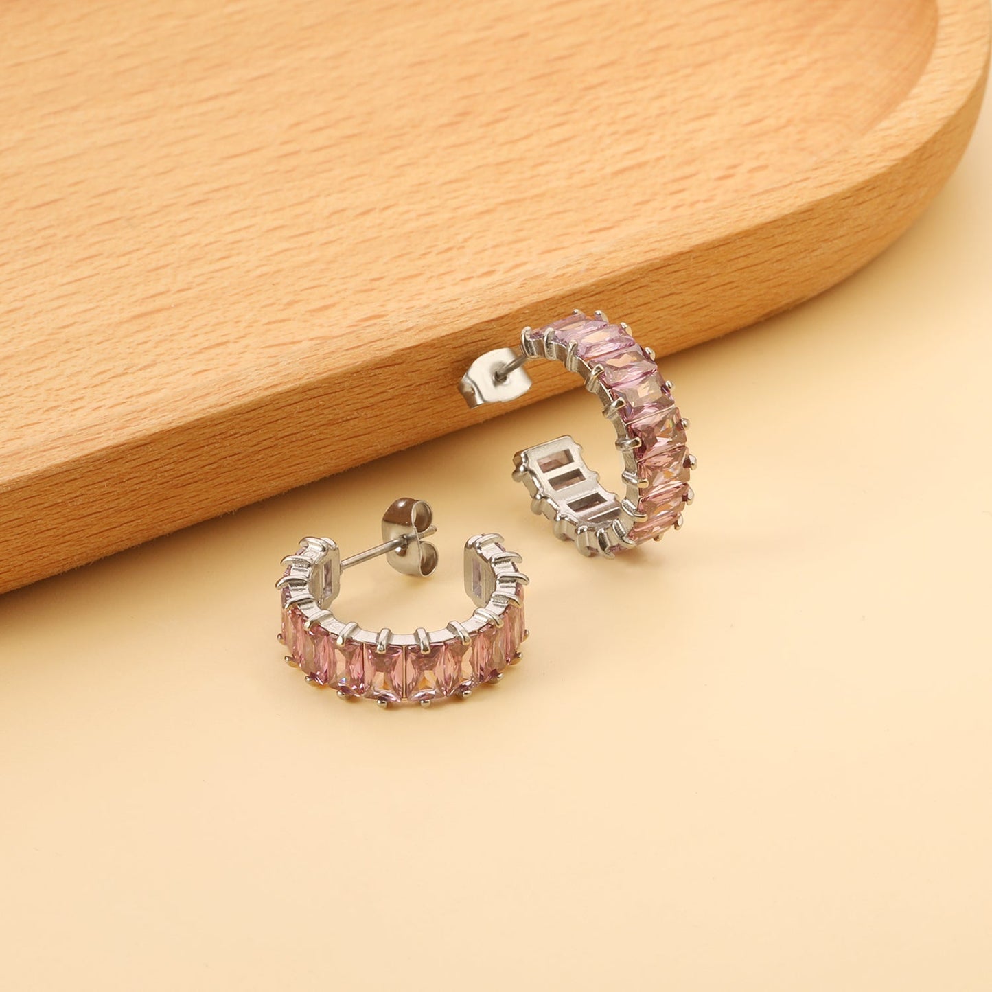 Bulk Buy 304L Steel Pink Violet Gradient Baguette Stud Earrings Factory