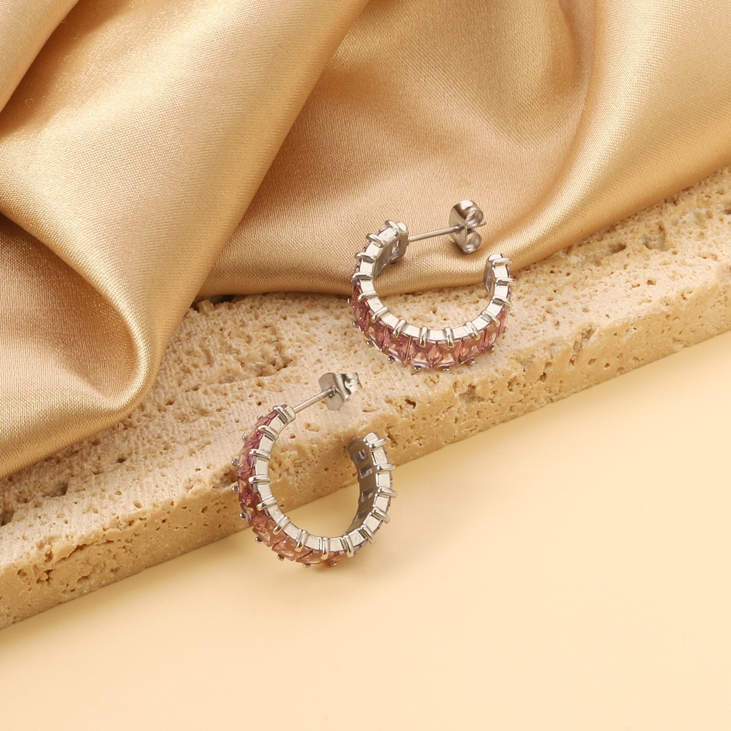 Bulk Buy 304L Steel Pink Violet Gradient Baguette Stud Earrings Factory