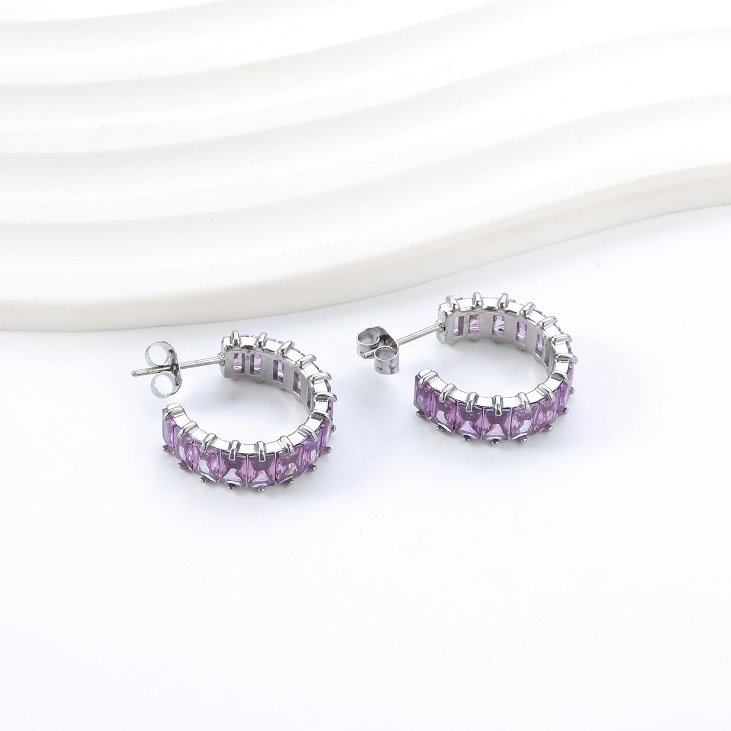 Bulk Buy 304L Steel Pink Violet Gradient Baguette Stud Earrings Factory