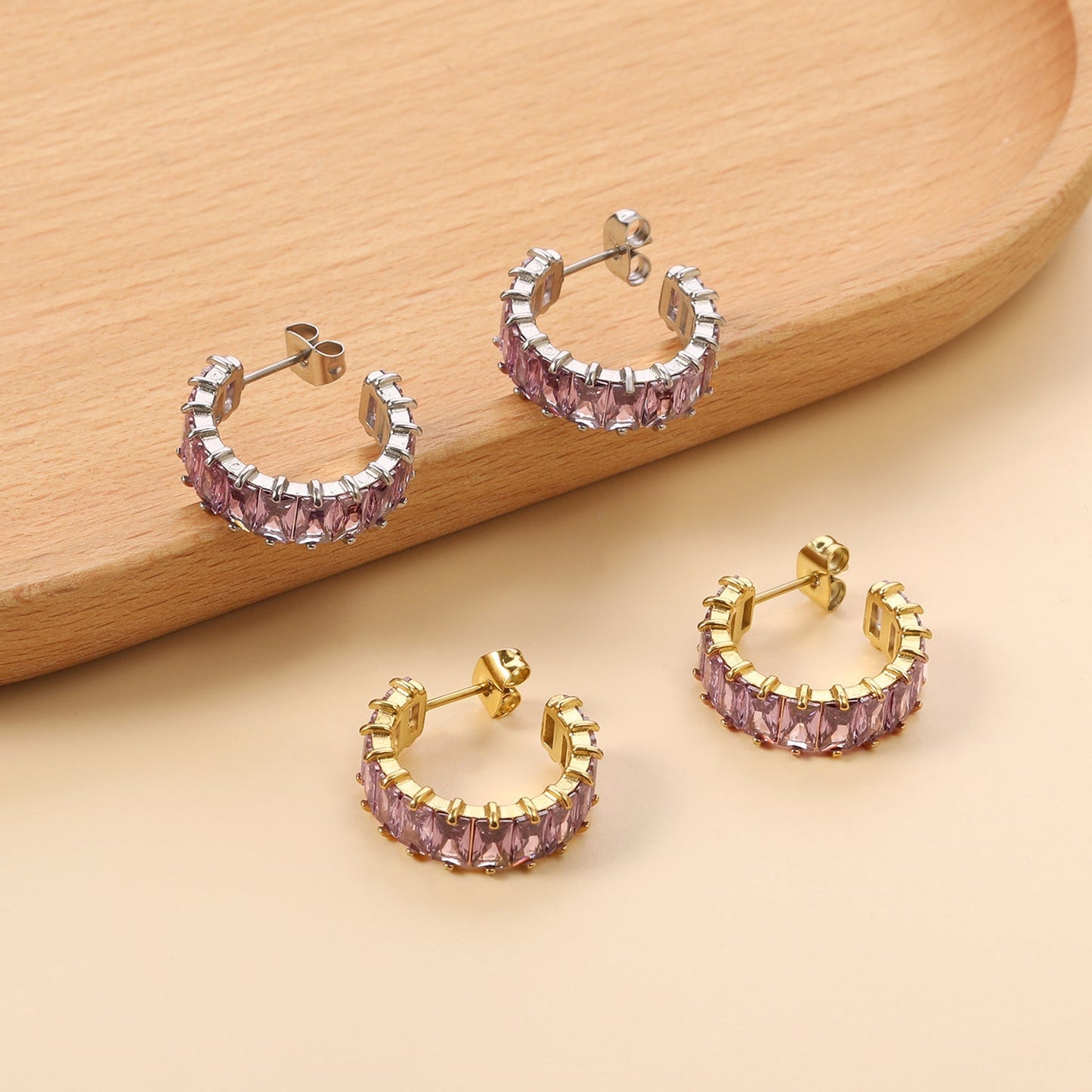 Bulk Buy 304L Steel Pink Violet Gradient Baguette Stud Earrings Factory