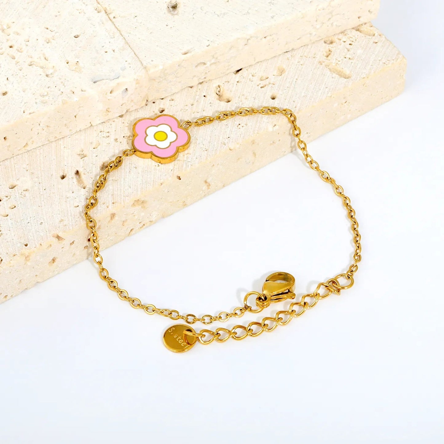 Bulk 11mm pink enamel flower pendant kids delicate bracelet 304L