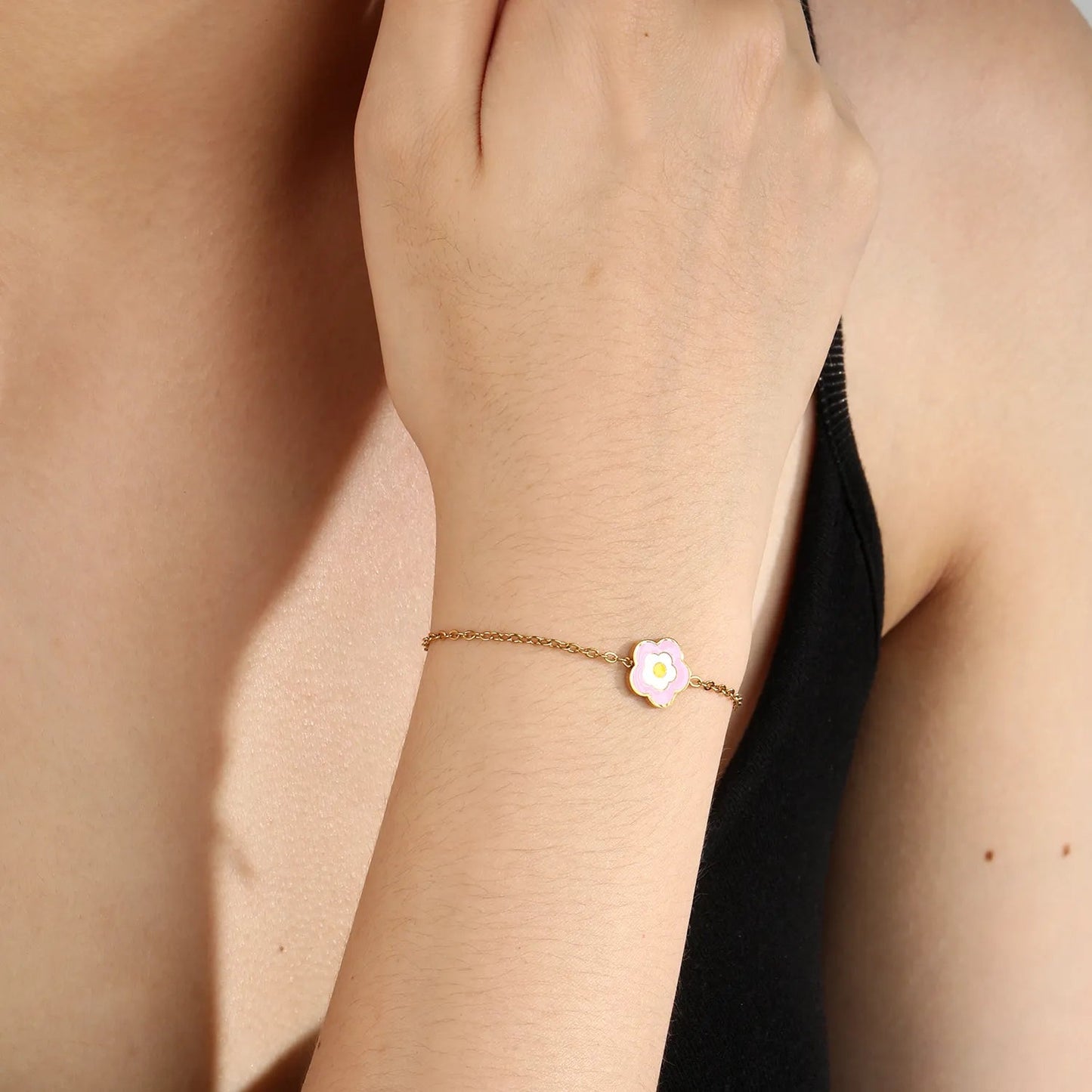 Bulk 11mm pink enamel flower pendant kids delicate bracelet 304L