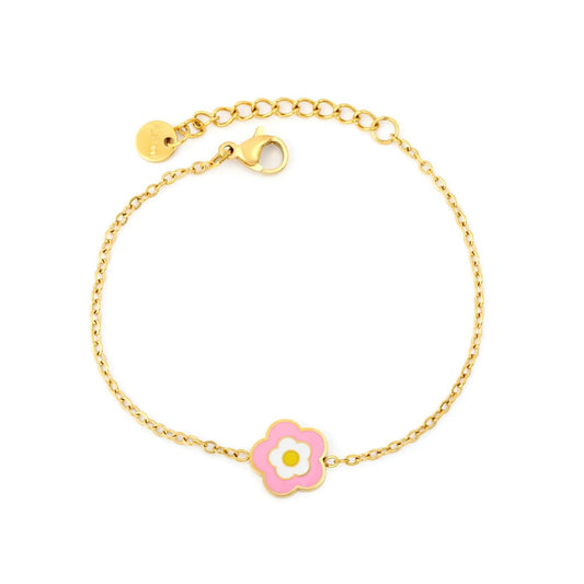 Bulk 11mm pink enamel flower pendant kids delicate bracelet 304L