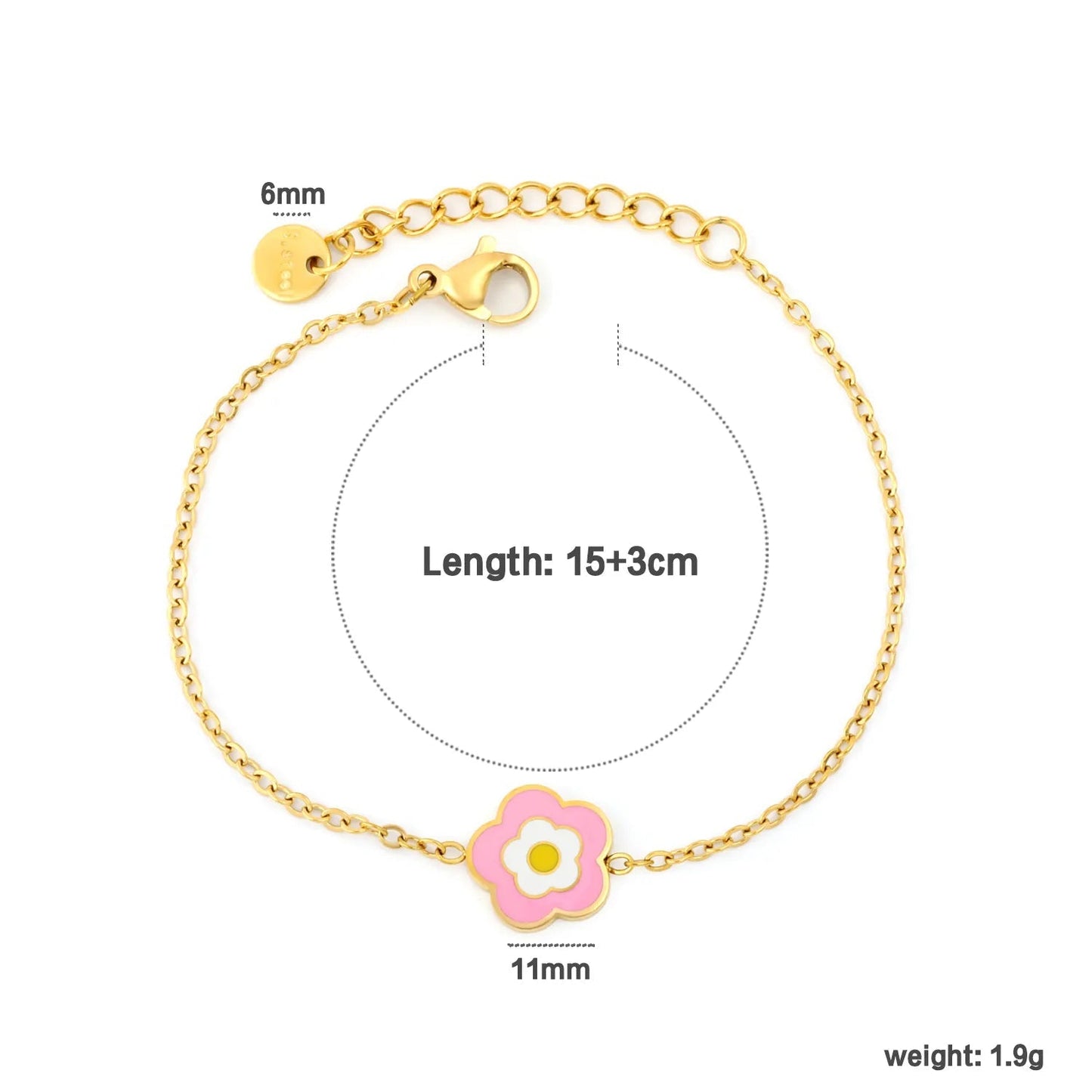 Bulk 11mm pink enamel flower pendant kids delicate bracelet 304L