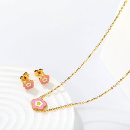 Dainty Enamel 5-Petal Flower Pendant Necklace and Stud Earrings Set