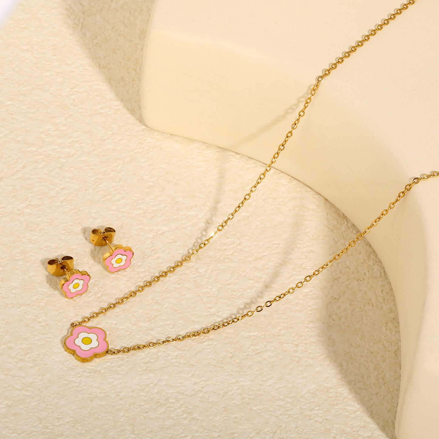 Dainty Enamel 5-Petal Flower Pendant Necklace and Stud Earrings Set