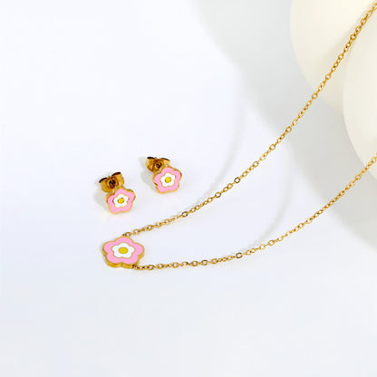 Dainty Enamel 5-Petal Flower Pendant Necklace and Stud Earrings Set