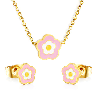 Dainty Enamel 5-Petal Flower Pendant Necklace and Stud Earrings Set