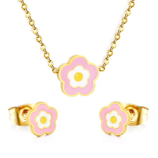 Dainty Enamel 5-Petal Flower Pendant Necklace and Stud Earrings Set