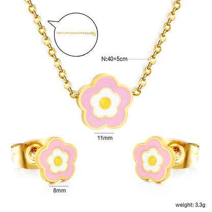 Dainty Enamel 5-Petal Flower Pendant Necklace and Stud Earrings Set