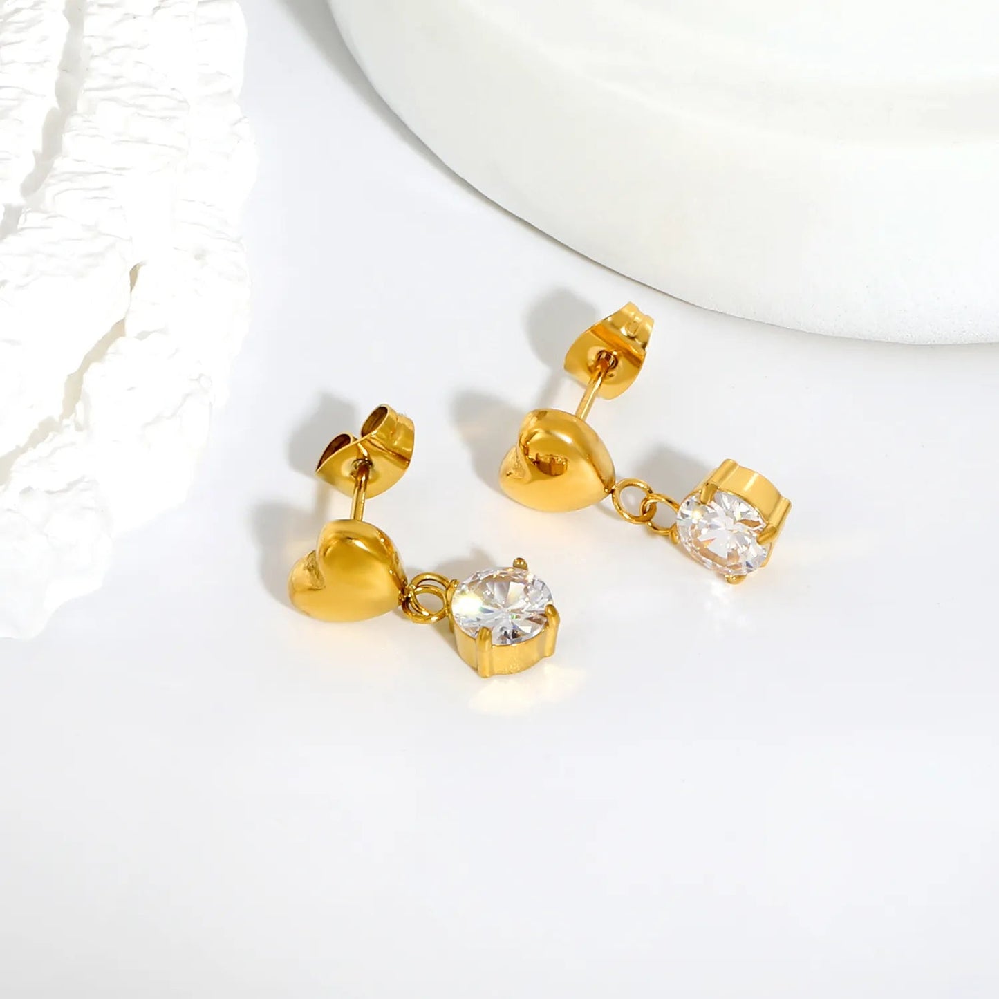 18K PVD Gold Plated Round Solitaire Diamond Charm Earrings Non-Tarnish
