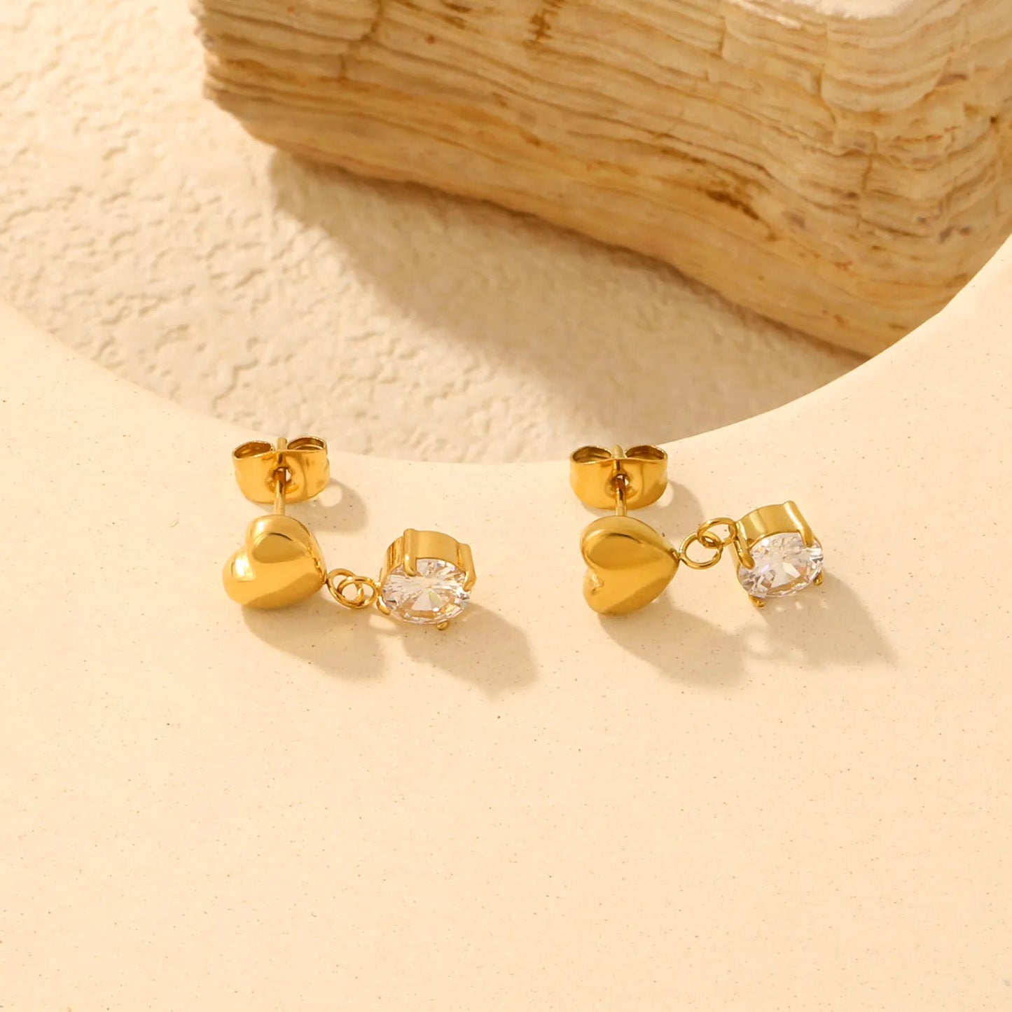 18K PVD Gold Plated Round Solitaire Diamond Charm Earrings Non-Tarnish