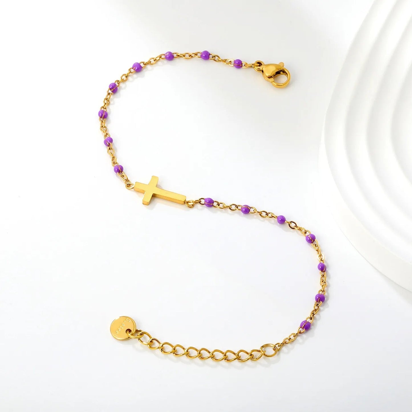 Waterproof 18K Gold Plated Black Beaded Cross Pendant Bracelet for Women