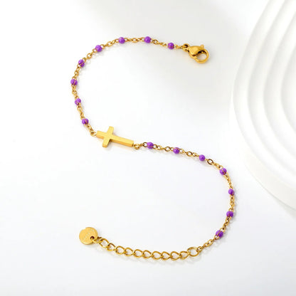 Waterproof 18K Gold Plated Black Beaded Cross Pendant Bracelet for Women