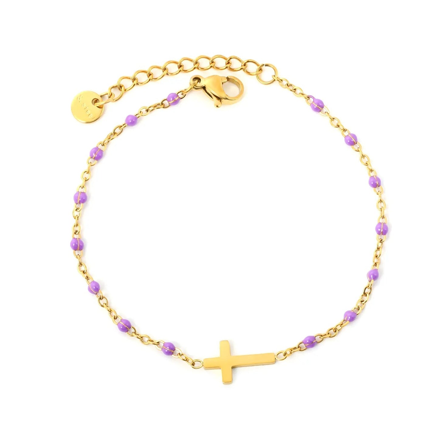 Waterproof 18K Gold Plated Black Beaded Cross Pendant Bracelet for Women