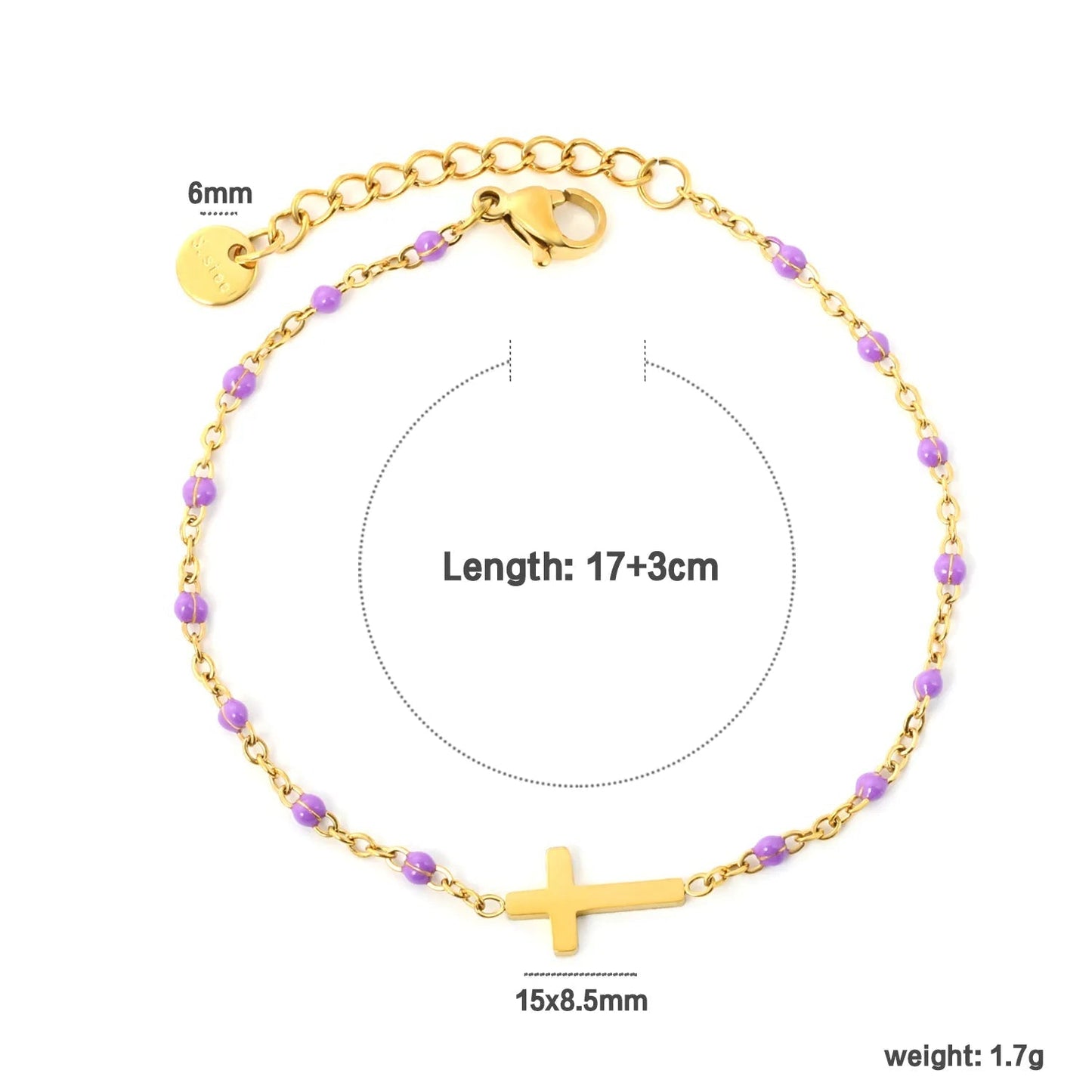 Waterproof 18K Gold Plated Black Beaded Cross Pendant Bracelet for Women