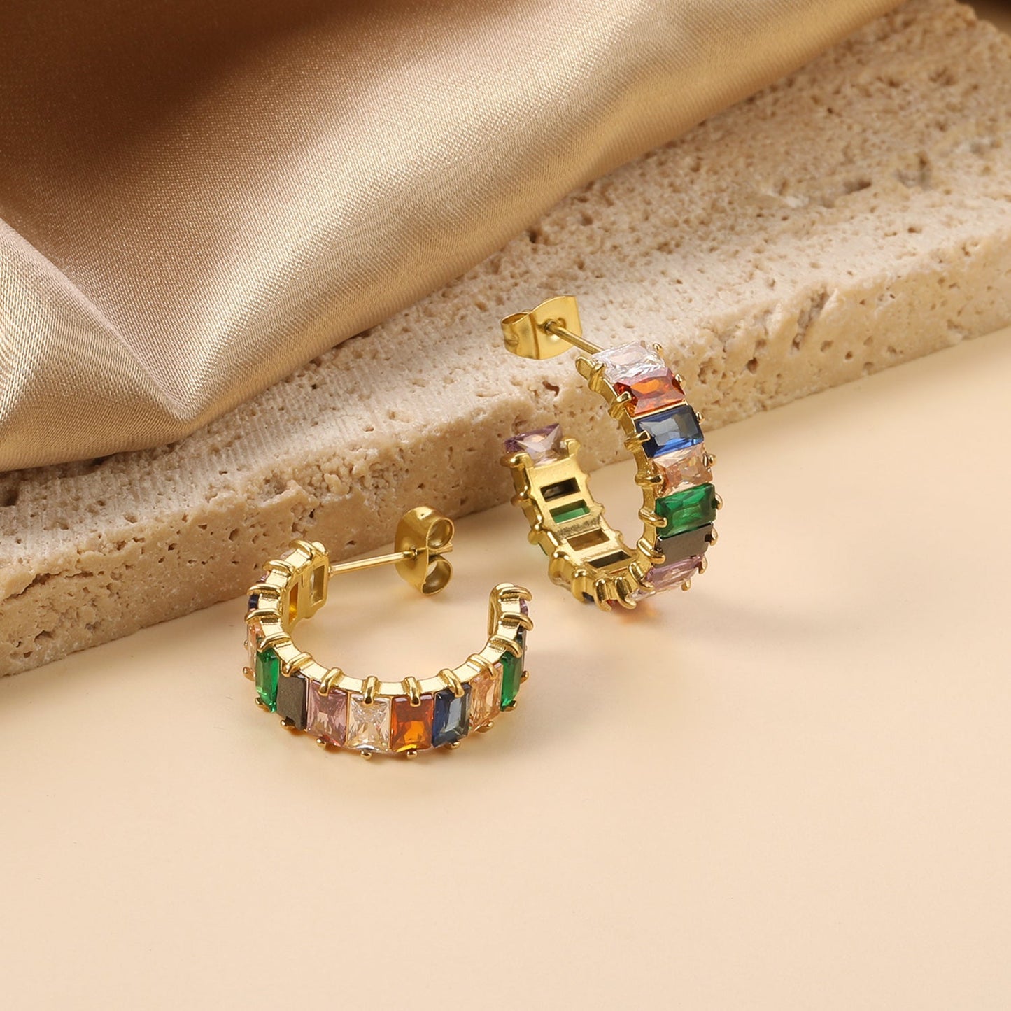 Colorful Rainbow Rectangle Zircon Channel Set C-Hoops 304L Earrings