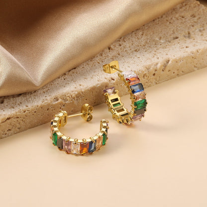 Colorful Rainbow Rectangle Zircon Channel Set C-Hoops 304L Earrings