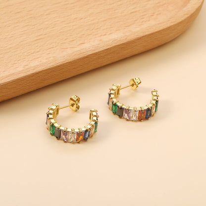 Colorful Rainbow Rectangle Zircon Channel Set C-Hoops 304L Earrings