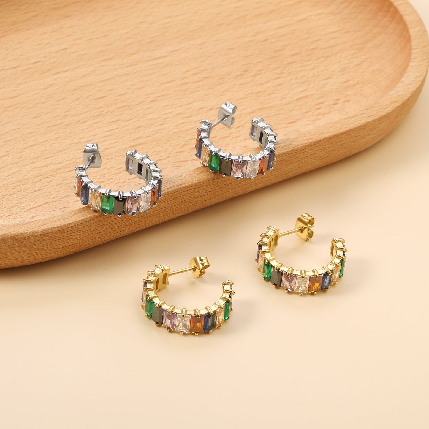 Colorful Rainbow Rectangle Zircon Channel Set C-Hoops 304L Earrings