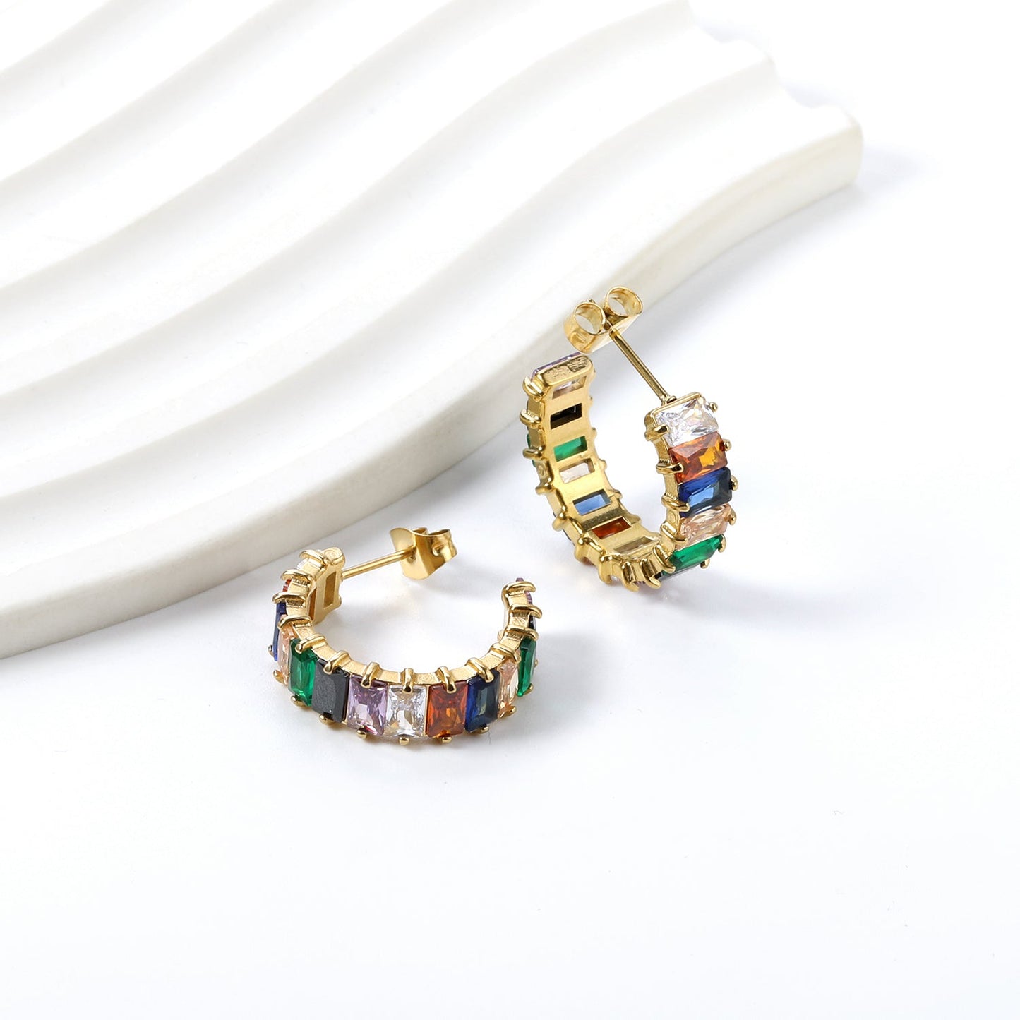 Colorful Rainbow Rectangle Zircon Channel Set C-Hoops 304L Earrings