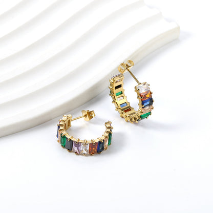 Colorful Rainbow Rectangle Zircon Channel Set C-Hoops 304L Earrings