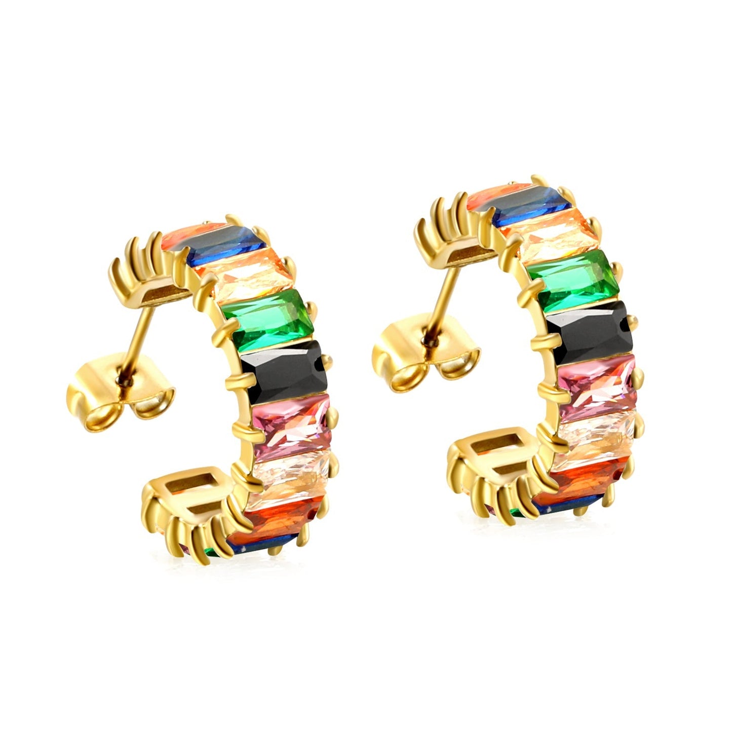 Colorful Rainbow Rectangle Zircon Channel Set C-Hoops 304L Earrings
