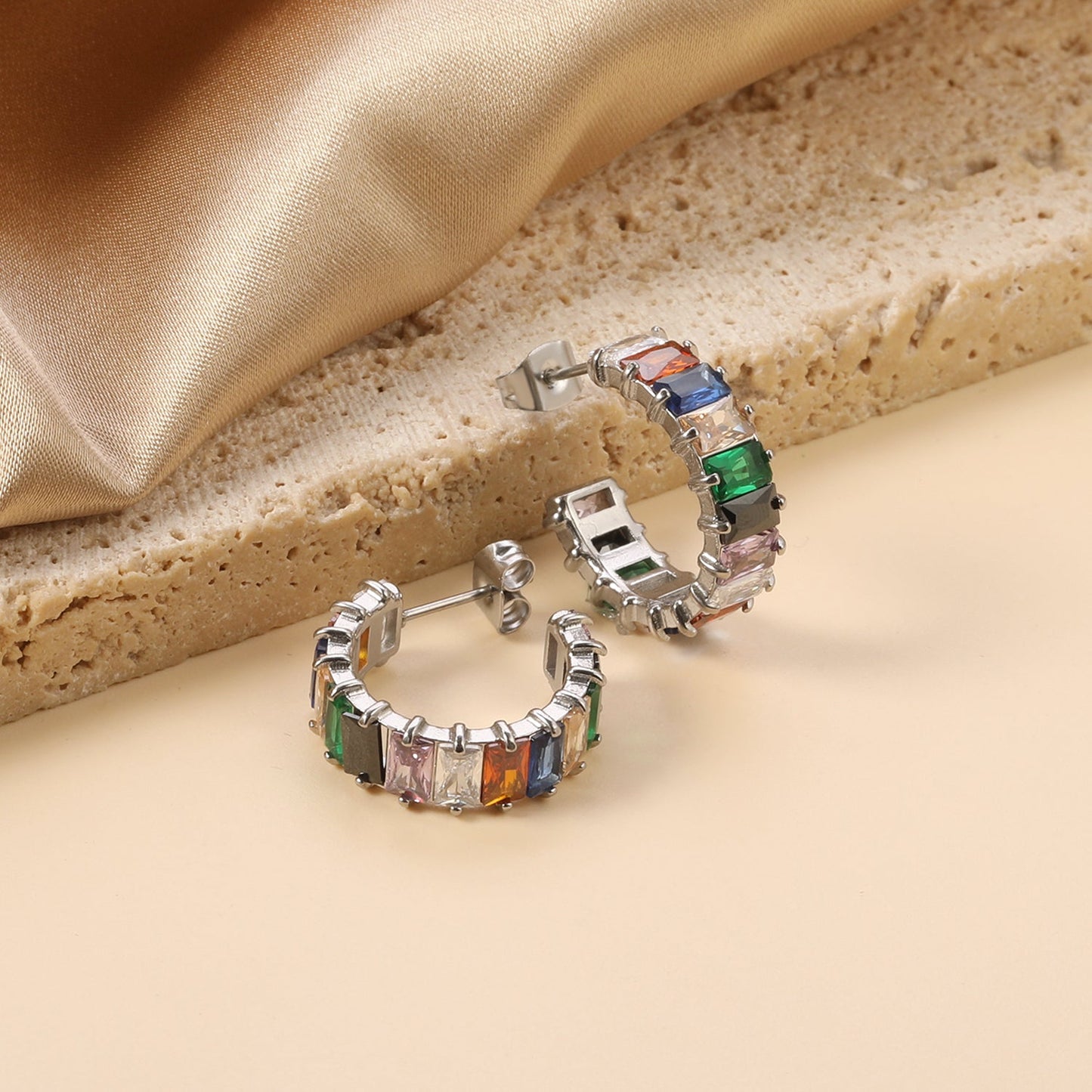 Colorful Rainbow Rectangle Zircon Channel Set C-Hoops 304L Earrings