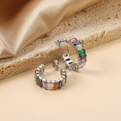 Colorful Rainbow Rectangle Zircon Channel Set C-Hoops 304L Earrings