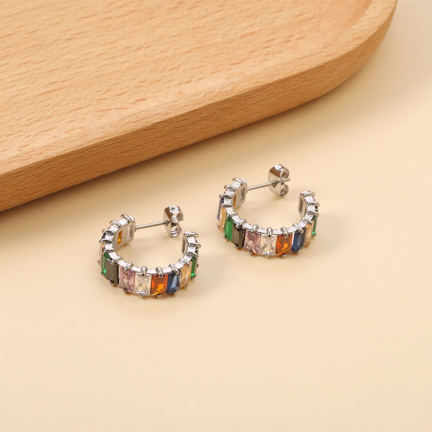 Colorful Rainbow Rectangle Zircon Channel Set C-Hoops 304L Earrings
