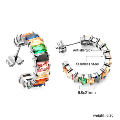 Colorful Rainbow Rectangle Zircon Channel Set C-Hoops 304L Earrings
